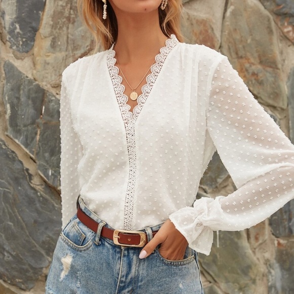Boho V neck Swiss Dot Sheer Sleeve Lace Blouse - Picture 10 of 10